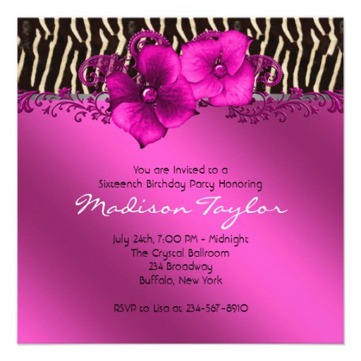 Hot Pink Zebra Photo Sweet 16 Birthday Party Custom Announcements