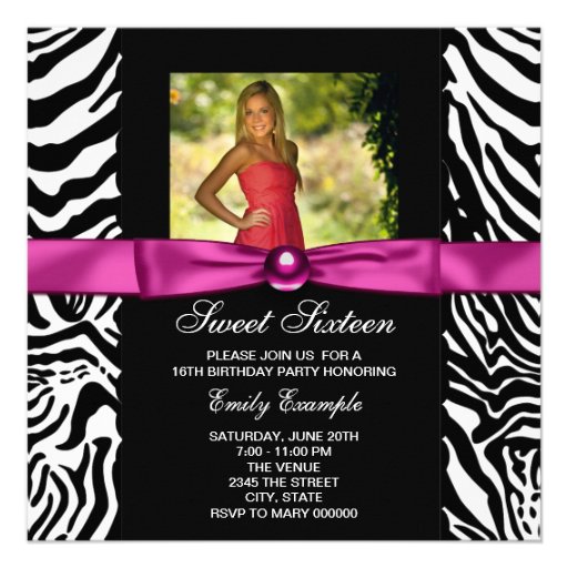 Hot Pink Zebra Photo Sweet 16 Party Personalized Announcement