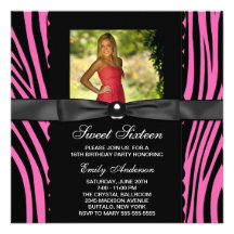 Hot Pink Zebra Photo Sweet 16 Party Invitations