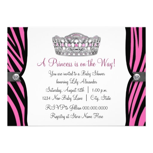 Hot Pink Zebra Princess Pink Black Baby Shower Personalized Invites