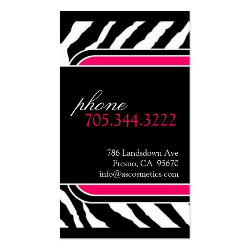 Hot Pink Zebra Print Salon Business Cards (back side)