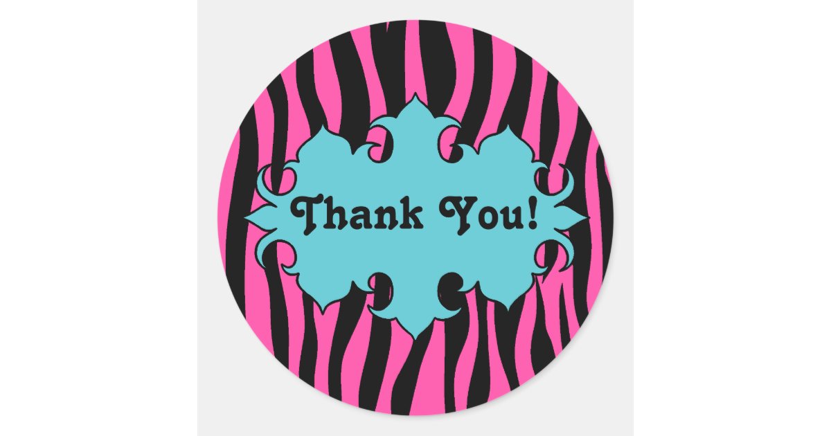 Hot pink zebra print with blue banner thank you classic round sticker