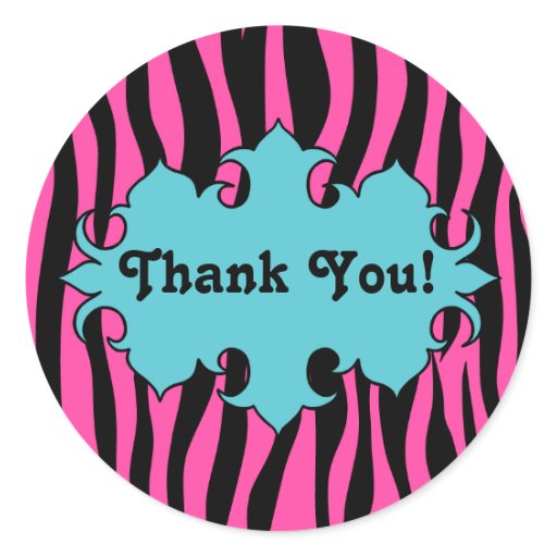 Hot pink zebra print with blue banner thank you classic round sticker