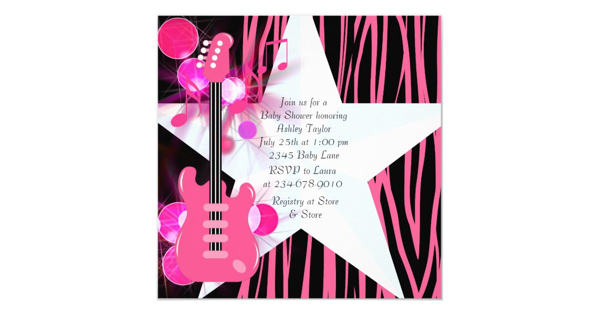 Hot Pink Zebra Rockstar Baby Girl Shower Card | Zazzle