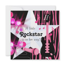 Hot Pink Zebra Rockstar Baby Girl Shower Custom Announcements