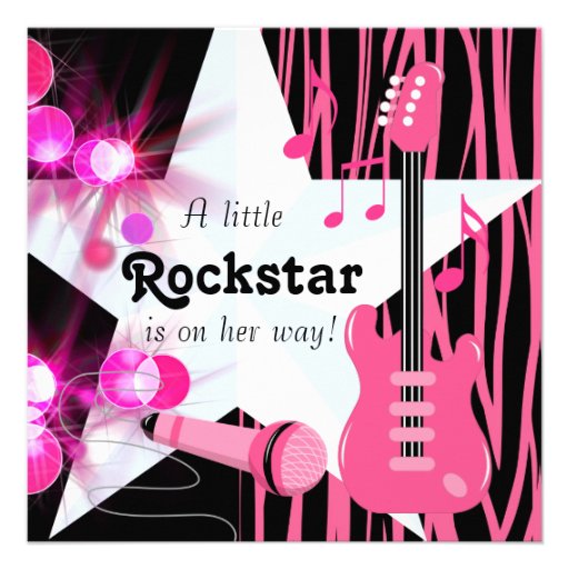 Hot Pink Zebra Rockstar Baby Girl Shower Custom Announcement