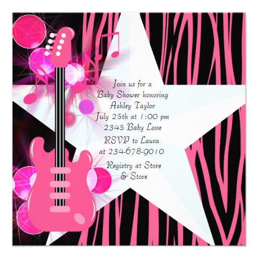 Hot Pink Zebra Rockstar Baby Girl Shower Custom Announcement