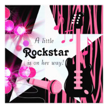 Hot Pink Zebra Rockstar Baby Girl Shower Custom Announcements