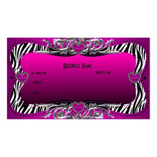 Hot Pink Zebra Silver Diamond Hearts Elegant Business Cards (back side)