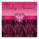 Hot Pink Zebra Stripes & Bling Heart Baby Shower Invitation