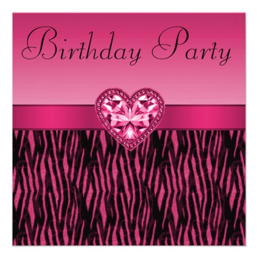 Hot Pink Zebra Stripes & Bling Heart Birthday Personalized Invite