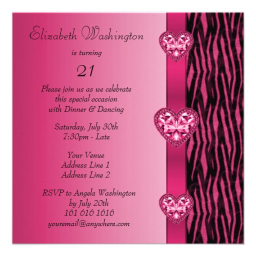 Hot Pink Zebra Stripes & Bling Heart Birthday Personalized Invite