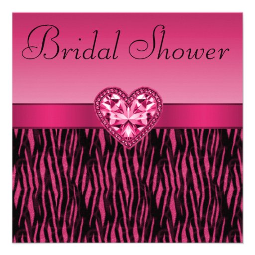 Hot Pink Zebra Stripes & Bling Heart Bridal Shower Custom Invitations