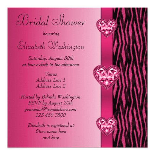 Hot Pink Zebra Stripes & Bling Heart Bridal Shower Custom Invitations