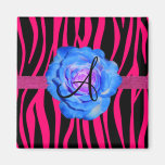 Hot pink zebra stripes monogram blue rose fridge magnets