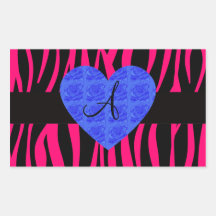 Hot pink zebra stripes monogram blue roses rectangular stickers