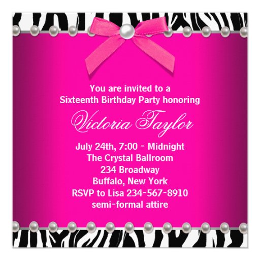 Hot Pink Zebra Sweet 16 Birthday Party Announcement