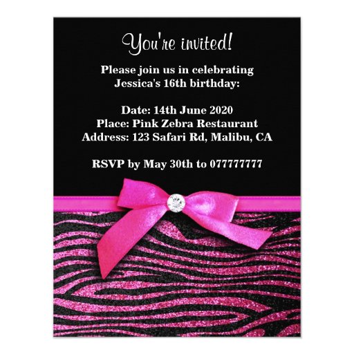 Hot pink zebra Sweet 16 Birthday Party Invitations