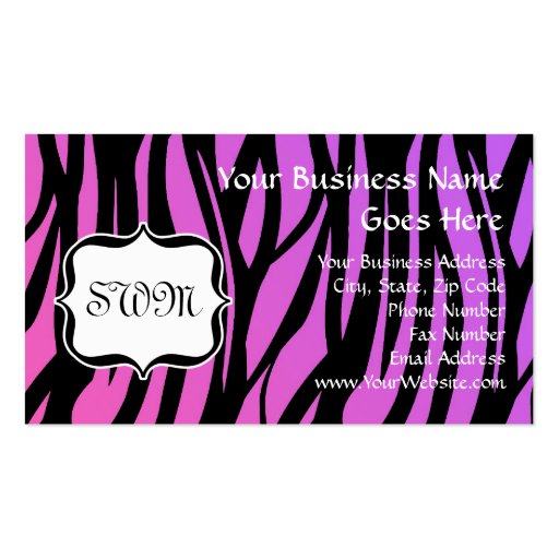 Hot Purple/Pink Zebra Stripes Monogram Business Card Template (front side)