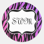 Hot Purple/Pink Zebra Stripes Monogram Round Stickers