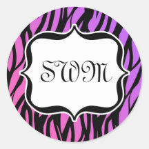 Hot Purple/Pink Zebra Stripes Monogram Round Stickers