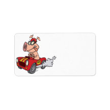 hot rod hog pig racing in car cartoon address label