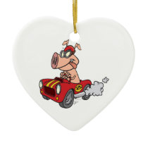 hot rod hog pig racing in car cartoon ornament