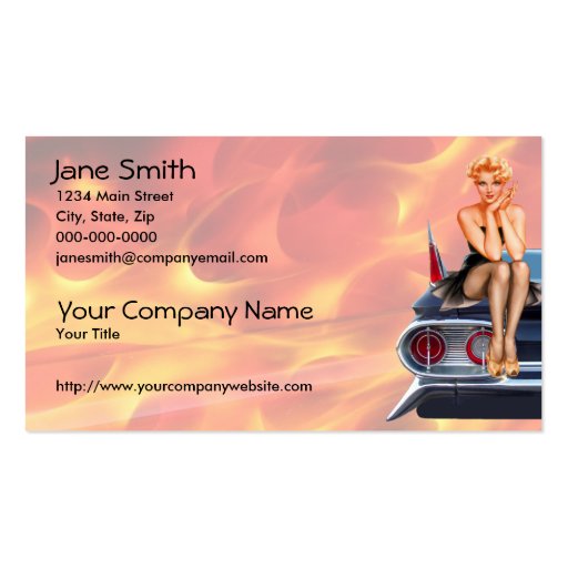 Hot Rod Pin Up Girl with Flames Business Card (front side)