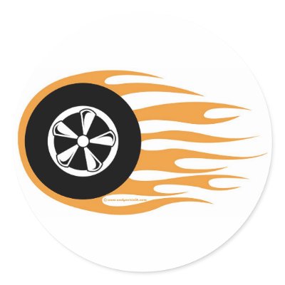 Hot rod wheel with flames round sticker by ideabrain