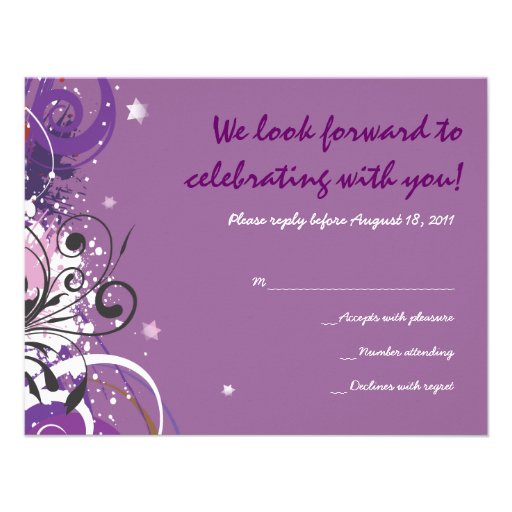 Hot Violet Swirls Stars Bat Mitzvah Reply Card Personalized Invitation