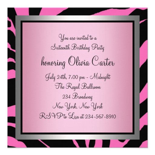 HotPink Zebra Sweet Sixteen Birthday Custom Invitation