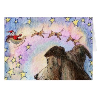 Hound Watches Santa and Reindeer in Star Sky CARD