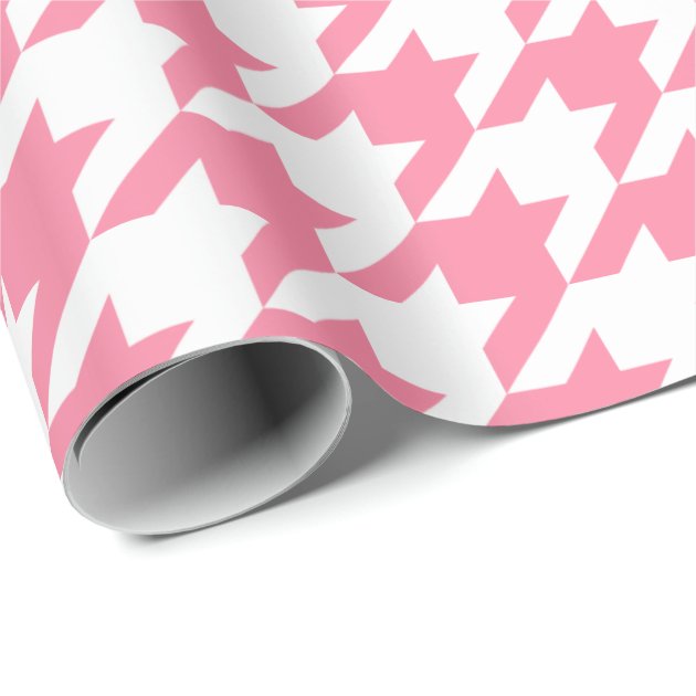Houndstooth Preppy Pink and White Pattern Wrapping Paper 3/4
