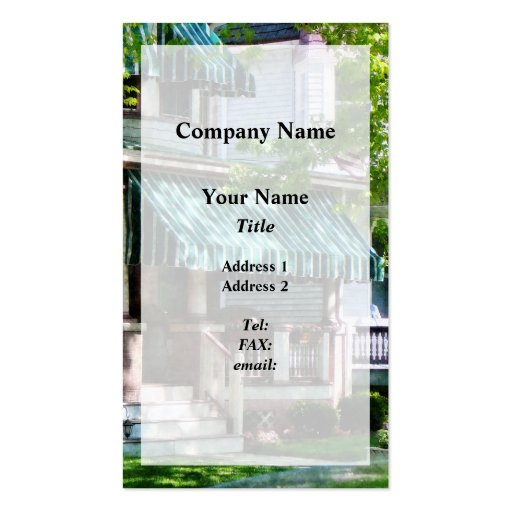 House With Green Striped Awning Business Cards (front side)