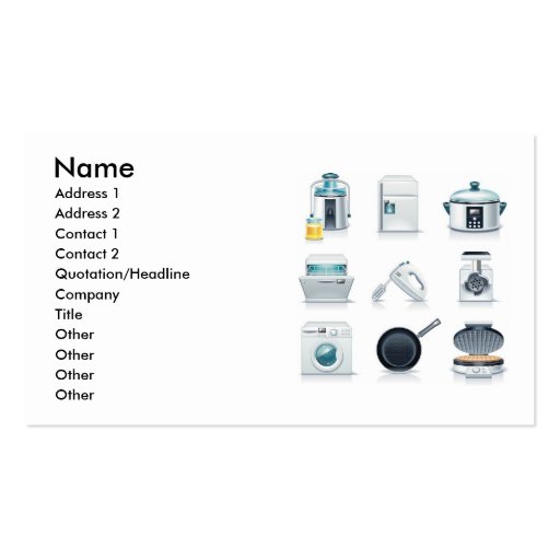 Household appliances icons (5), Name, Address 1... Business Card Templates (front side)