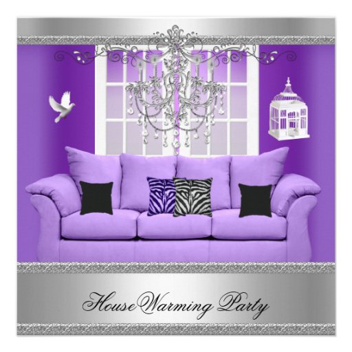 HouseWarming Party Chandelier Purple Sofa Silver Custom Invites