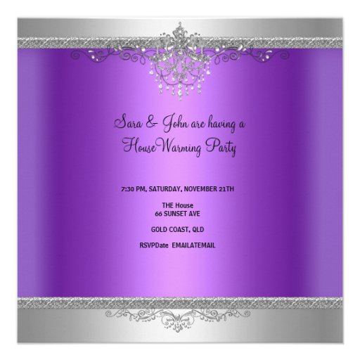 HouseWarming Party Chandelier Purple Sofa Silver Custom Invites