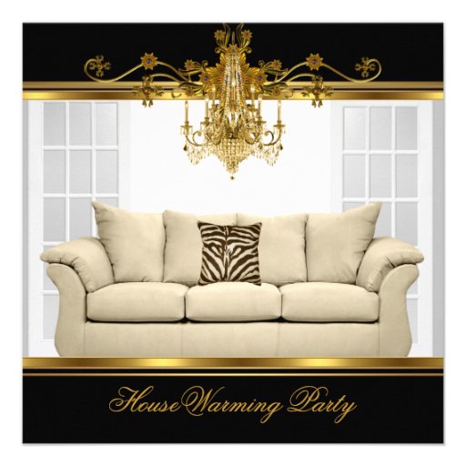 HouseWarming Party Chandelier Rich Gold Black Invitations (front side)