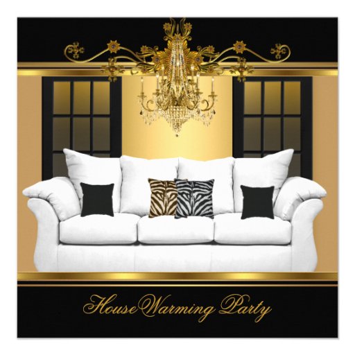 HouseWarming Party Chandelier Rich Gold Black Custom Invite