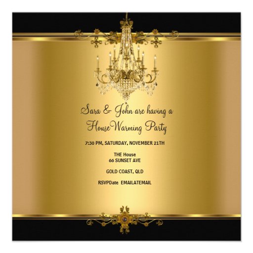 HouseWarming Party Chandelier Rich Gold Black Custom Invite