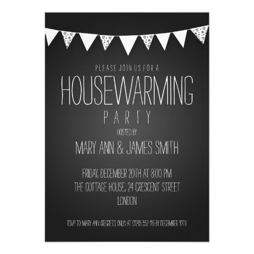 Housewarming Party Hearts Bunting Black Personalized Invitations (front side)