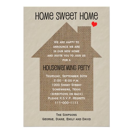 Housewarming Party Invitation -- Burlap House (front side)