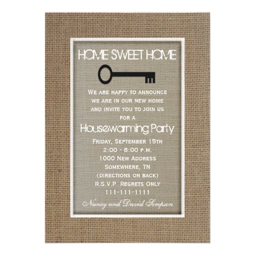 Housewarming Party Invitation - Key on Burlap (front side)