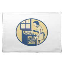 Housewife Baker Baking in Oven Stove Retro Place Mats