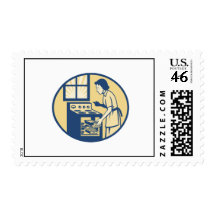 Housewife Baker Baking in Oven Stove Retro Stamp