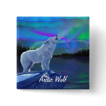 Howling Arctic Wolf & Aurora Wildlife Art Badge Pin