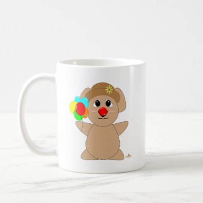 This cute anime-ish brown koala bear loves to dress up and is wearing a clown costume. The clown costume has a brown hat with a flower and a red nose.