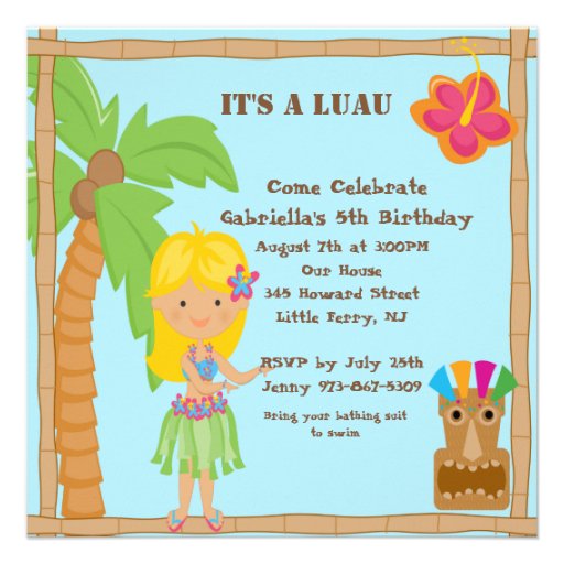 Hula Blonde Girl Luau Square Birthday Invitation (front side)