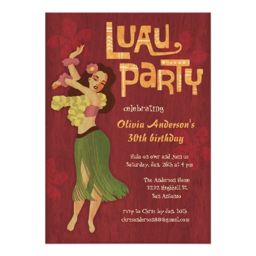 Hula Girl Hawaiian Luau Invitations (front side)