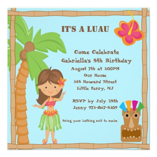 Hula Girl Luau Square Birthday Invitation
